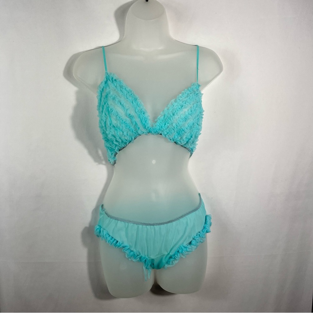 Vintage 1960s Tiffany Blue Mesh Ruffle Nightie Sleep Set Lingerie Peignoir Set - Picture 9 of 11